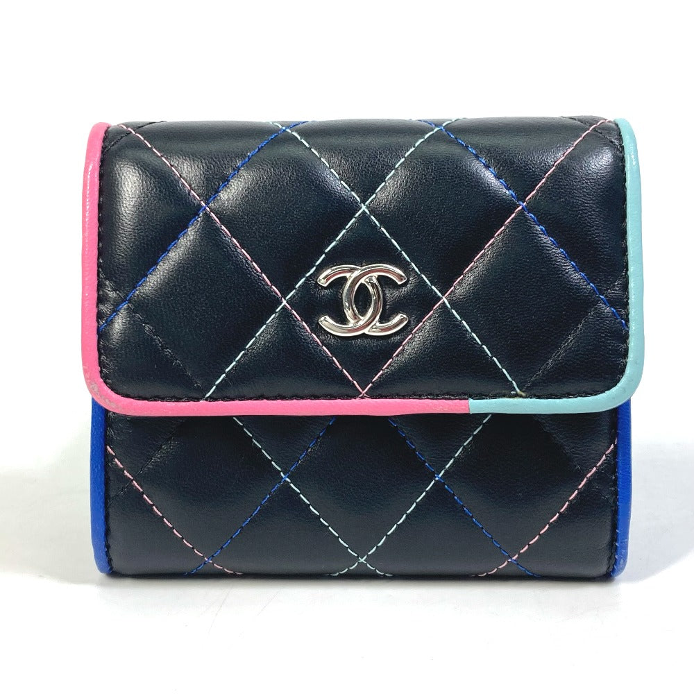CHANEL Trifold wallet lambskin black CC COCO Mark Small flap Women Used
