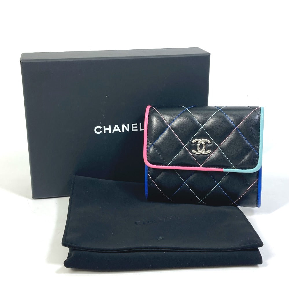 CHANEL Trifold wallet lambskin black CC COCO Mark Small flap Women Used