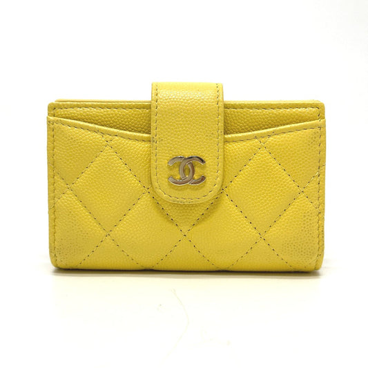 CHANEL Coin case AP1991 Caviar skin yellow CC COCO Mark classic small wallet Women Used