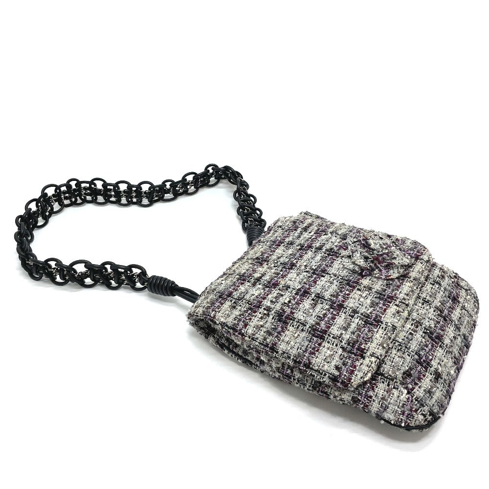 CHANEL Shoulder Bag tweed gray Camelia flap Women Used