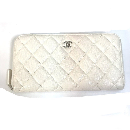 CHANEL Long Wallet Purse A50097 Caviar skin white Matelasse CC COCO Mark Zip Around Women Used