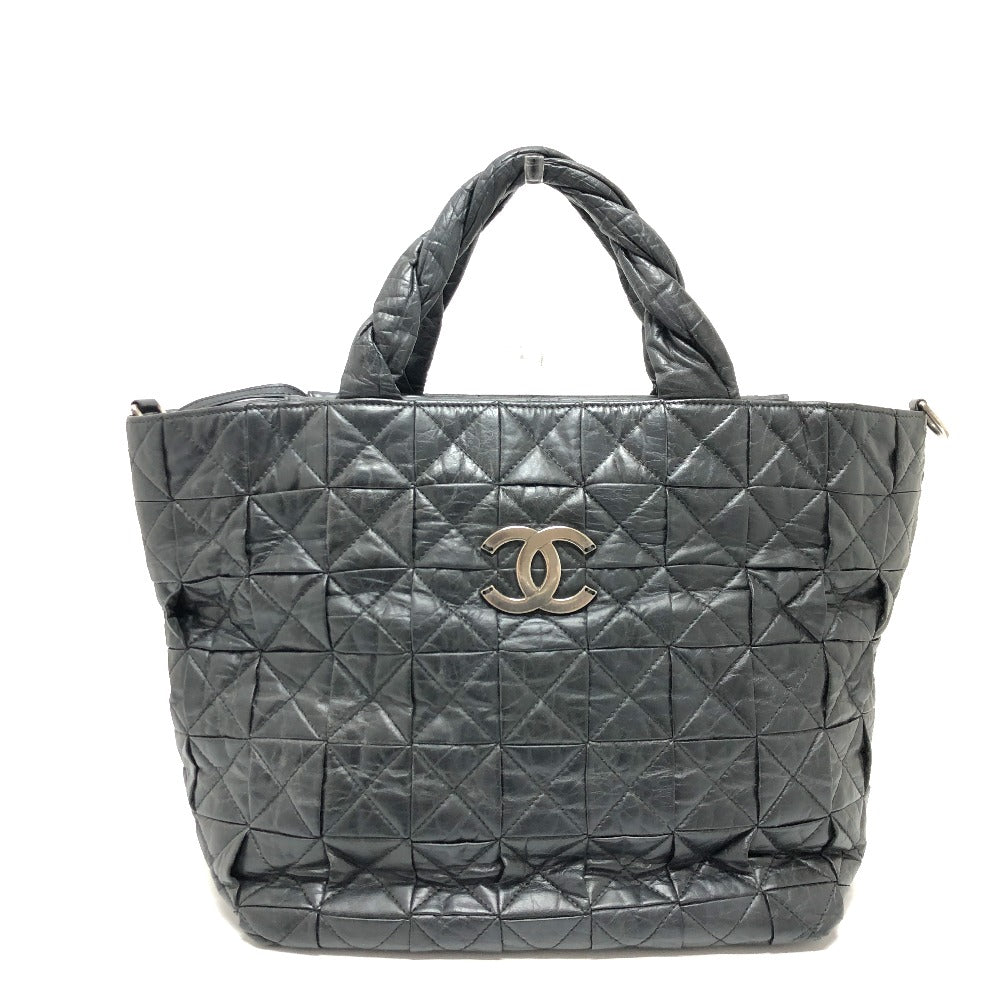 CHANEL Tote Bag leather black Woven Shoulder Bag CC COCO Mark Quilting