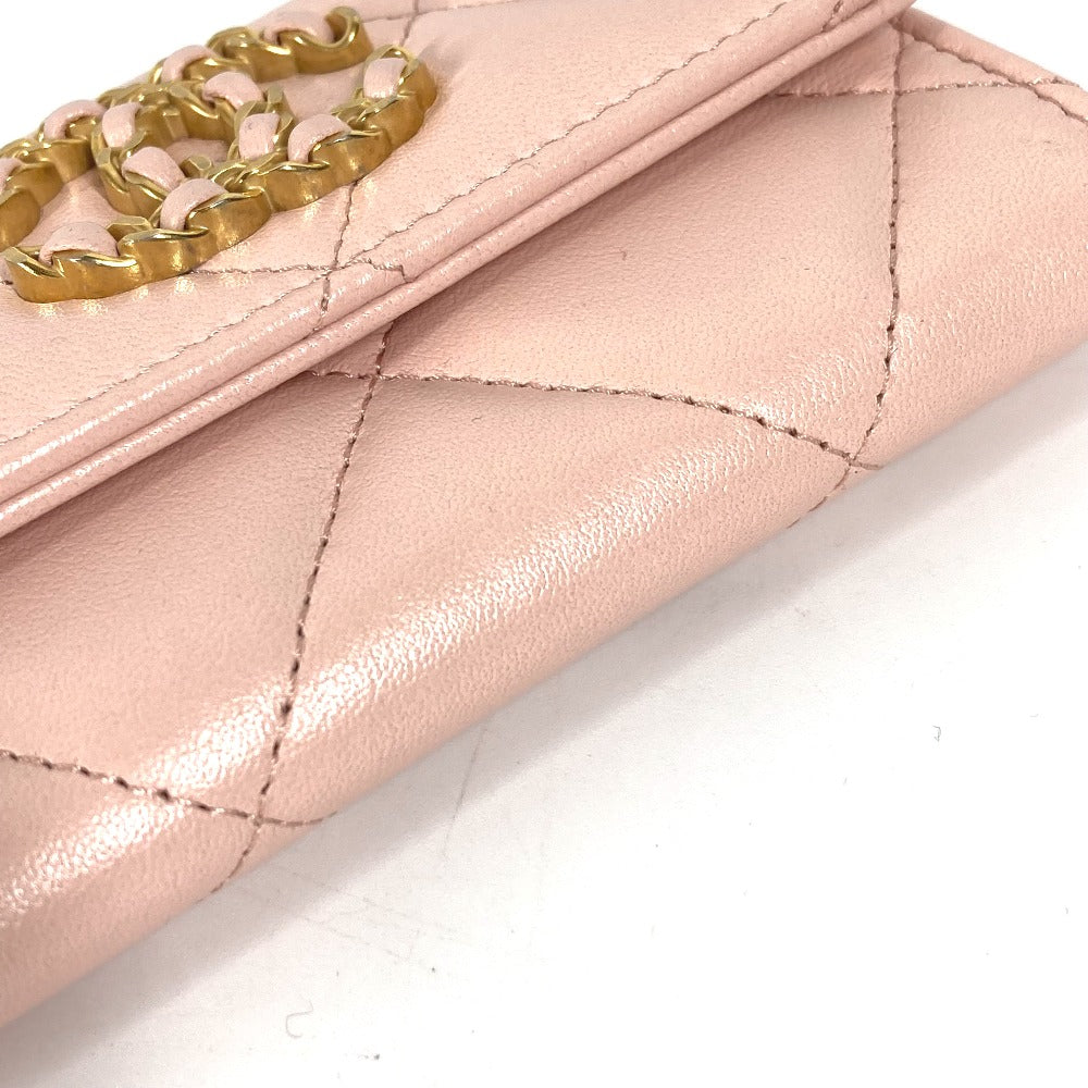 CHANEL Coin case lambskin pink 19th Line Chain CC Card Case Matelasse