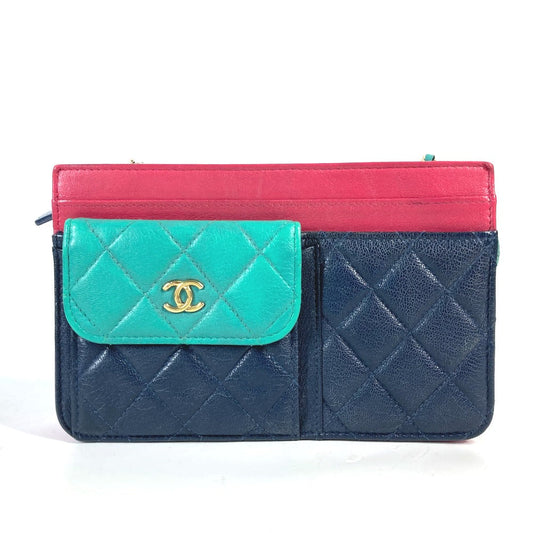 CHANEL Long Wallet Purse AP1138 Caviar skin Navy 2020 Cruise Tricolor Chain Wallet CC COCO Mark Women Used