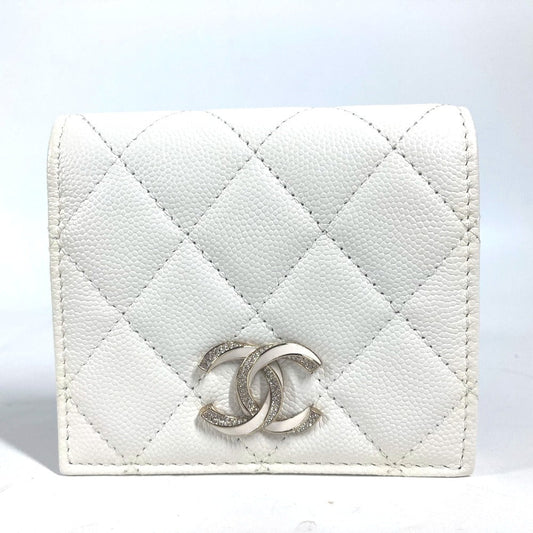 CHANEL Folded wallet AP3341 Caviar skin white Matrasse quilting CC COCO Mark Rhinestone