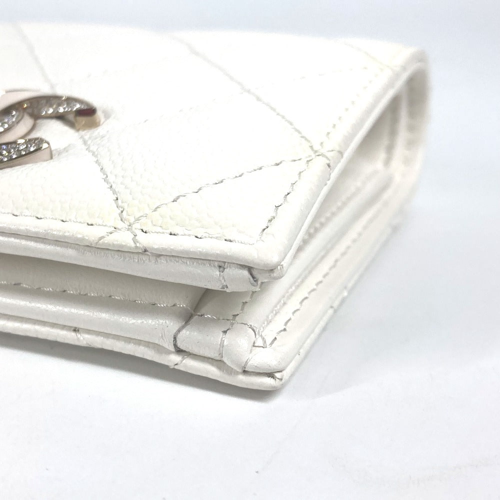 CHANEL Folded wallet AP3341 Caviar skin white Matrasse quilting CC COCO Mark Rhinestone