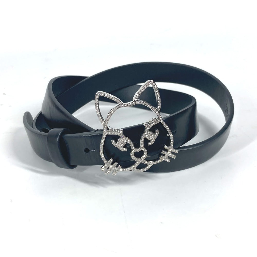 CHANEL belt leather black 16K Cat cat 80