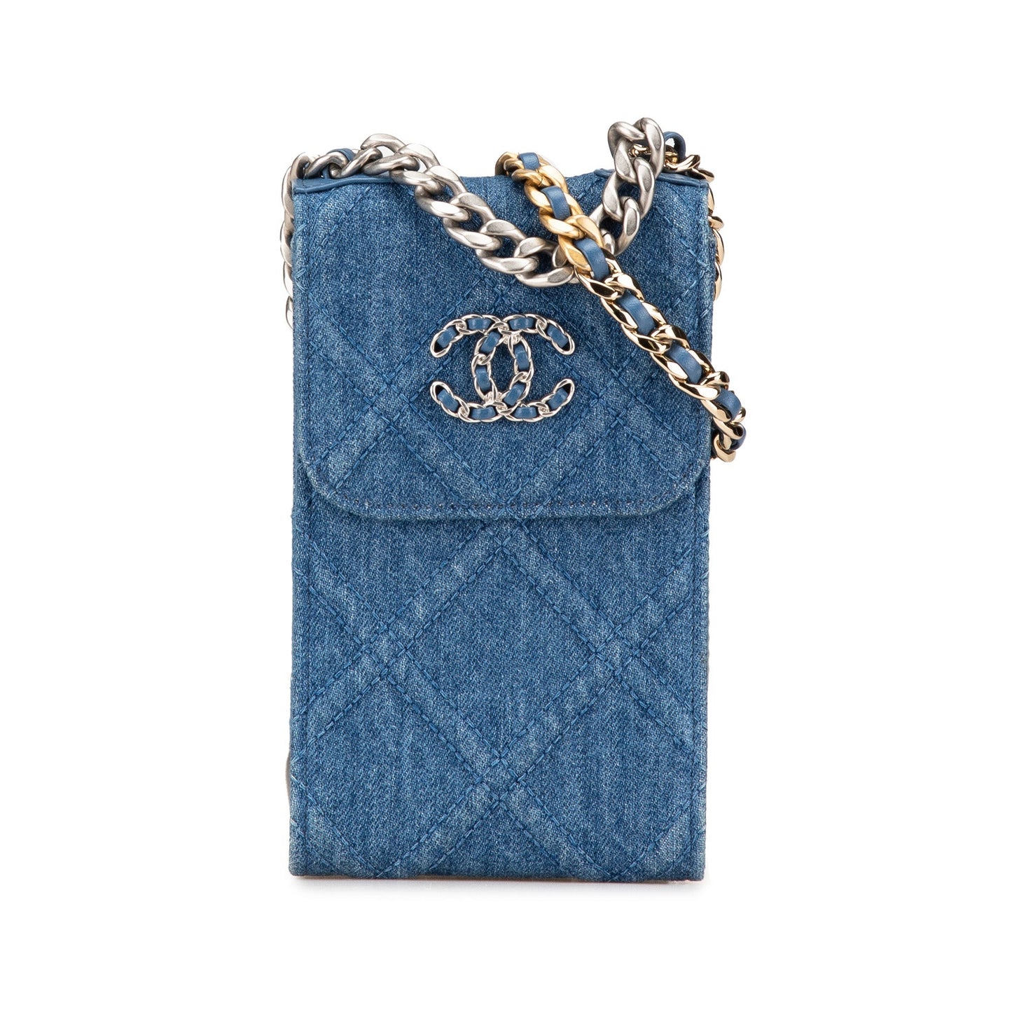 Blue Chanel Denim 19 Phone Holder with Chain Satchel