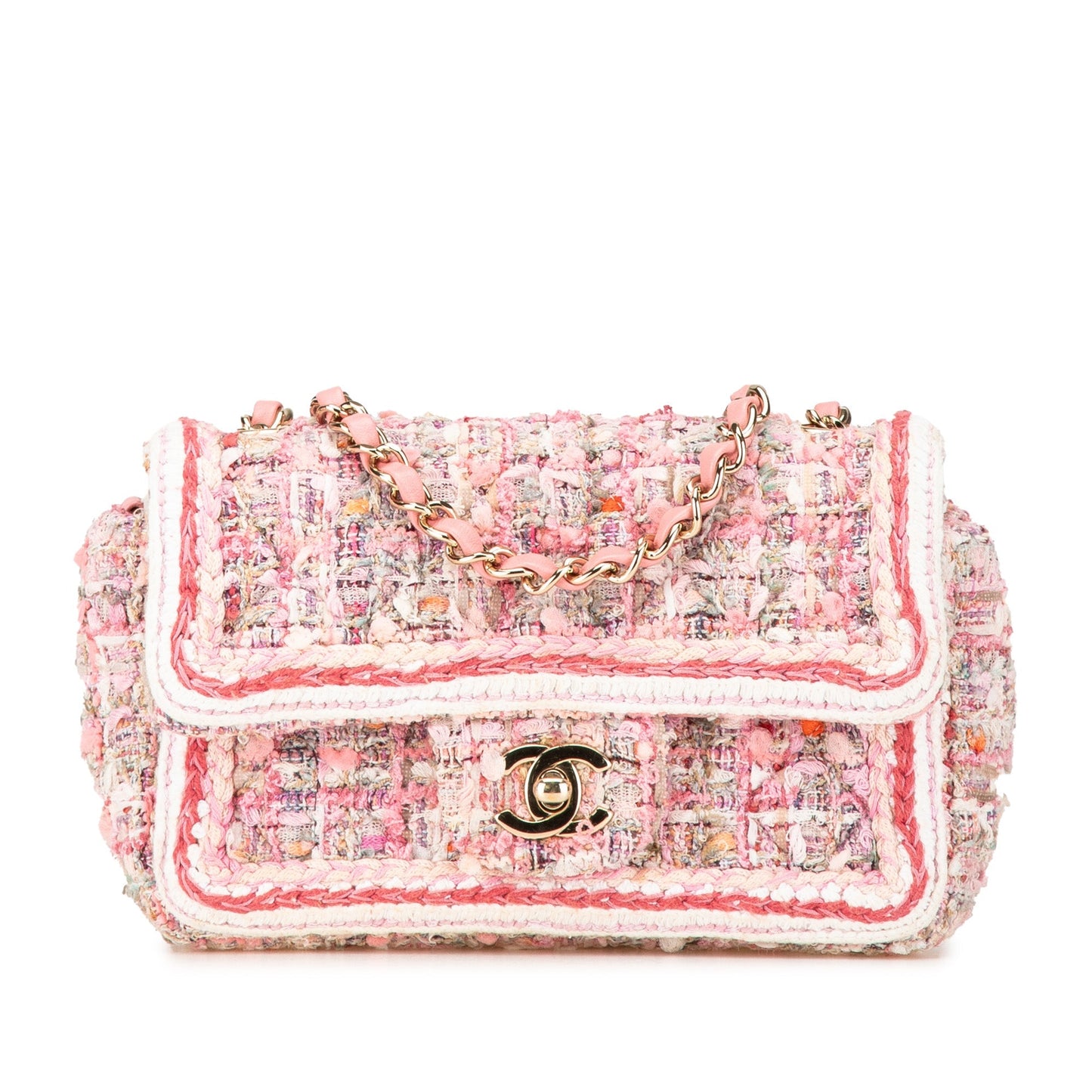 Pink Chanel Mini Rectangular Classic Tweed Braid Flap Crossbody Bag