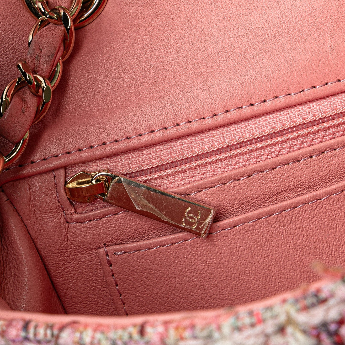 Pink Chanel Mini Rectangular Classic Tweed Braid Flap Crossbody Bag