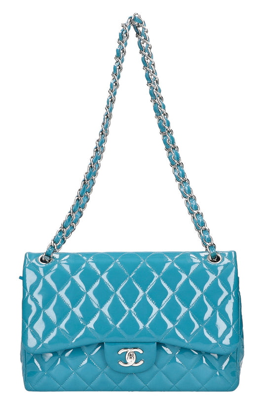 CHANEL Double Flap Bag Large Patent Leather Bright Blue