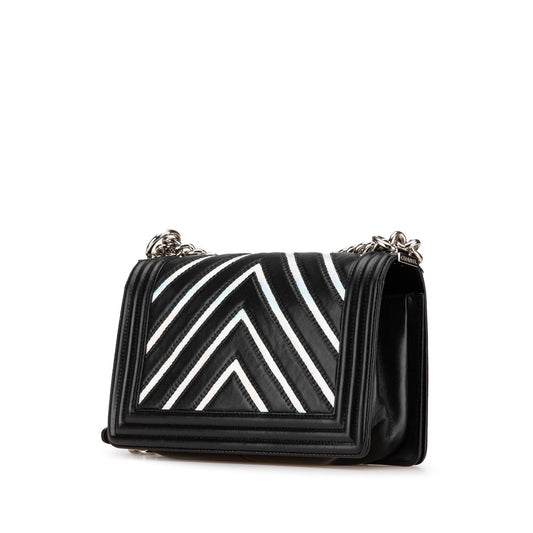 Black Chanel Medium Lambskin and Iridescent PVC Chevron Boy Flap Crossbody Bag