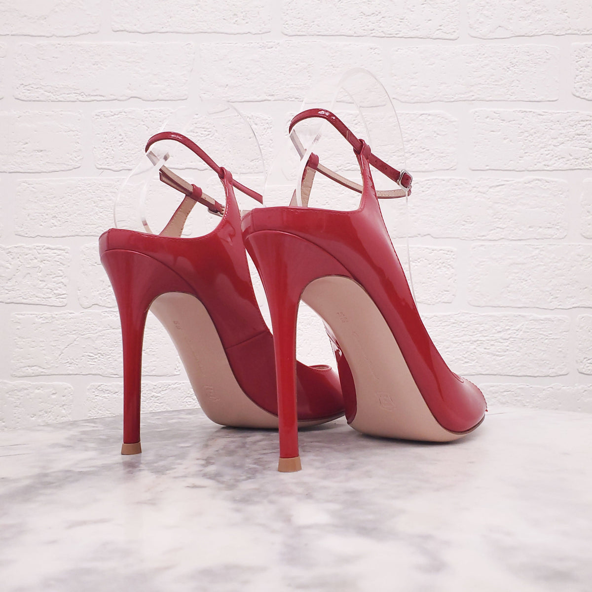 GIANVITO ROSSI RED PATENT OPEN TOE HEELS - SIZE 38.5