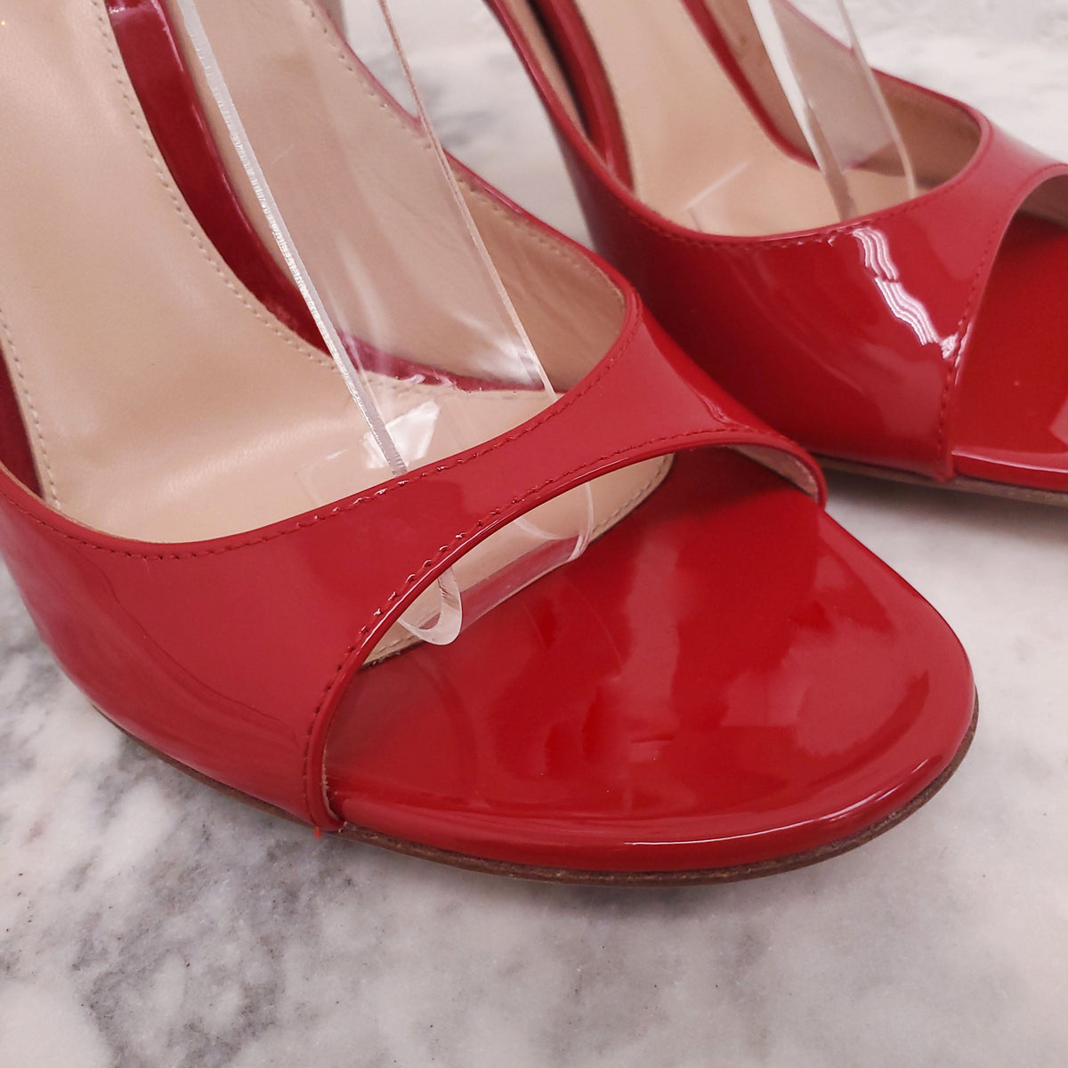 GIANVITO ROSSI RED PATENT OPEN TOE HEELS - SIZE 38.5