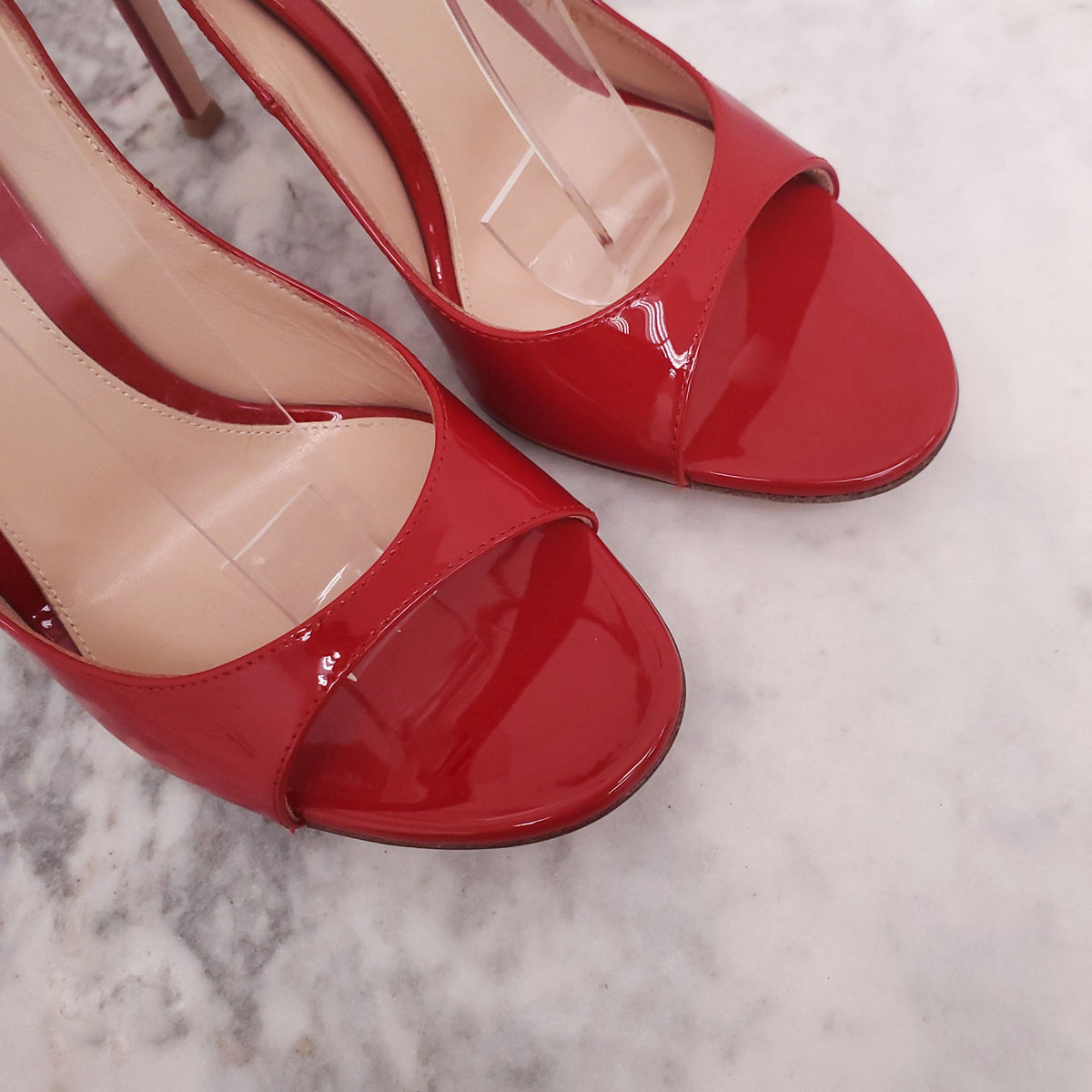 GIANVITO ROSSI RED PATENT OPEN TOE HEELS - SIZE 38.5