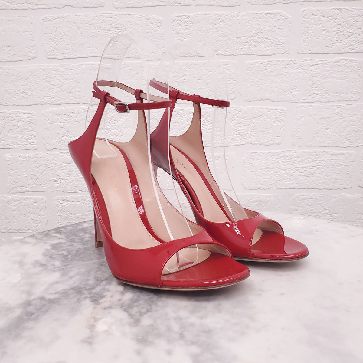 GIANVITO ROSSI RED PATENT OPEN TOE HEELS - SIZE 38.5