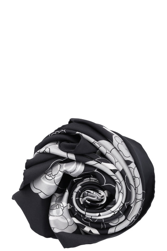 CHANEL CC Camellia Scarf Silk Black White