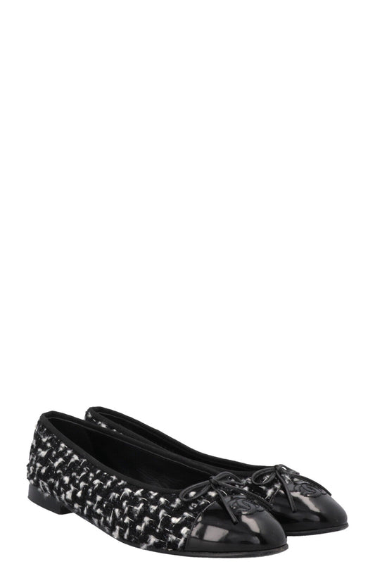 CHANEL Classic Ballet Flats Tweed Black White