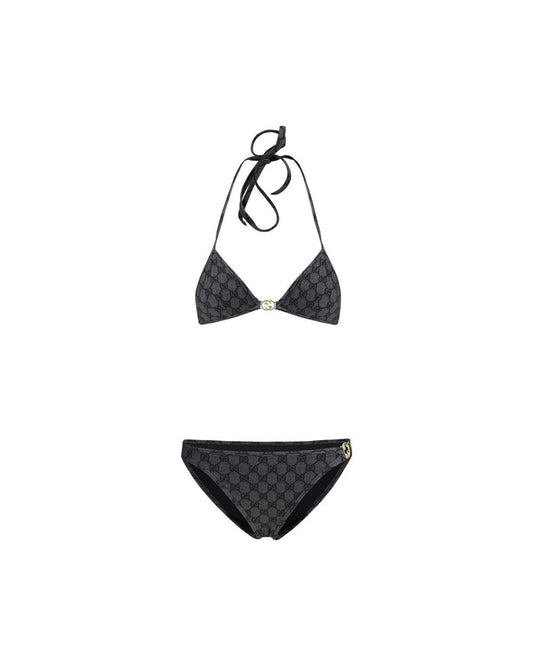 Gucci Monogram Bikini Tie Closure Women Gray Swimwear 42 Gray