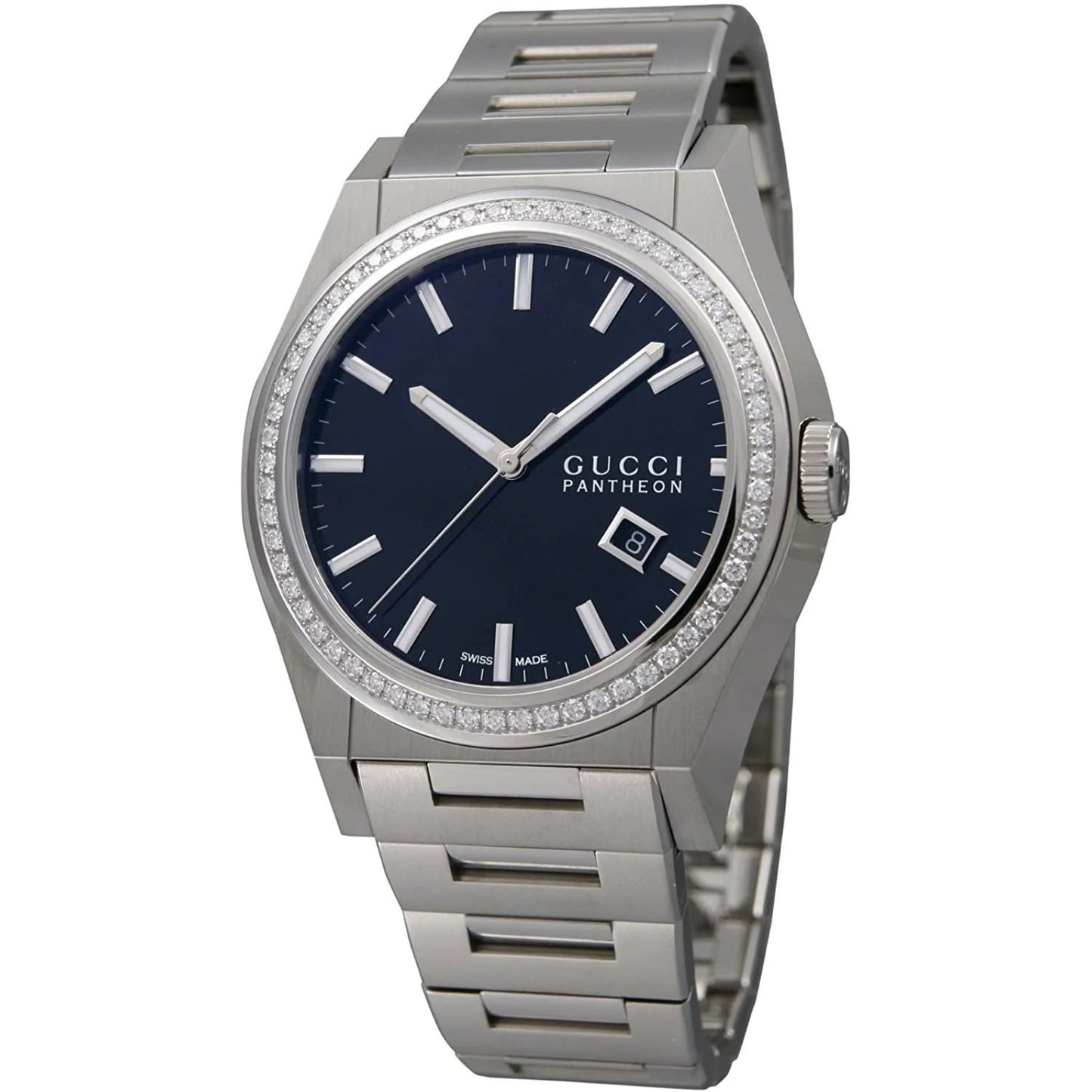 GUCCI 115 PANTHEON STAINLESS STEEL DIAMONDS WATCH