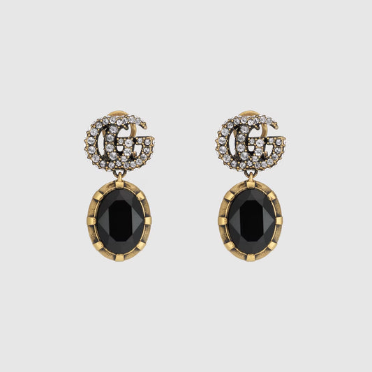 GUCCI CRYSTAL DOUBLE G BLACK AGED GOLD-TONE EARRINGS