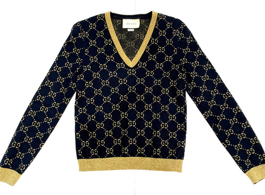 GUCCI GG SUPREME METALLIC JACQUARD KNIT COTTON BLEND V-NECK SWEATER