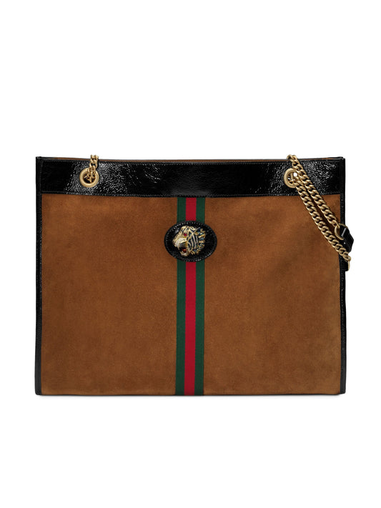 GUCCI BROWN SUEDE TIGER WEB RAJAH LARGE TOTE BAG