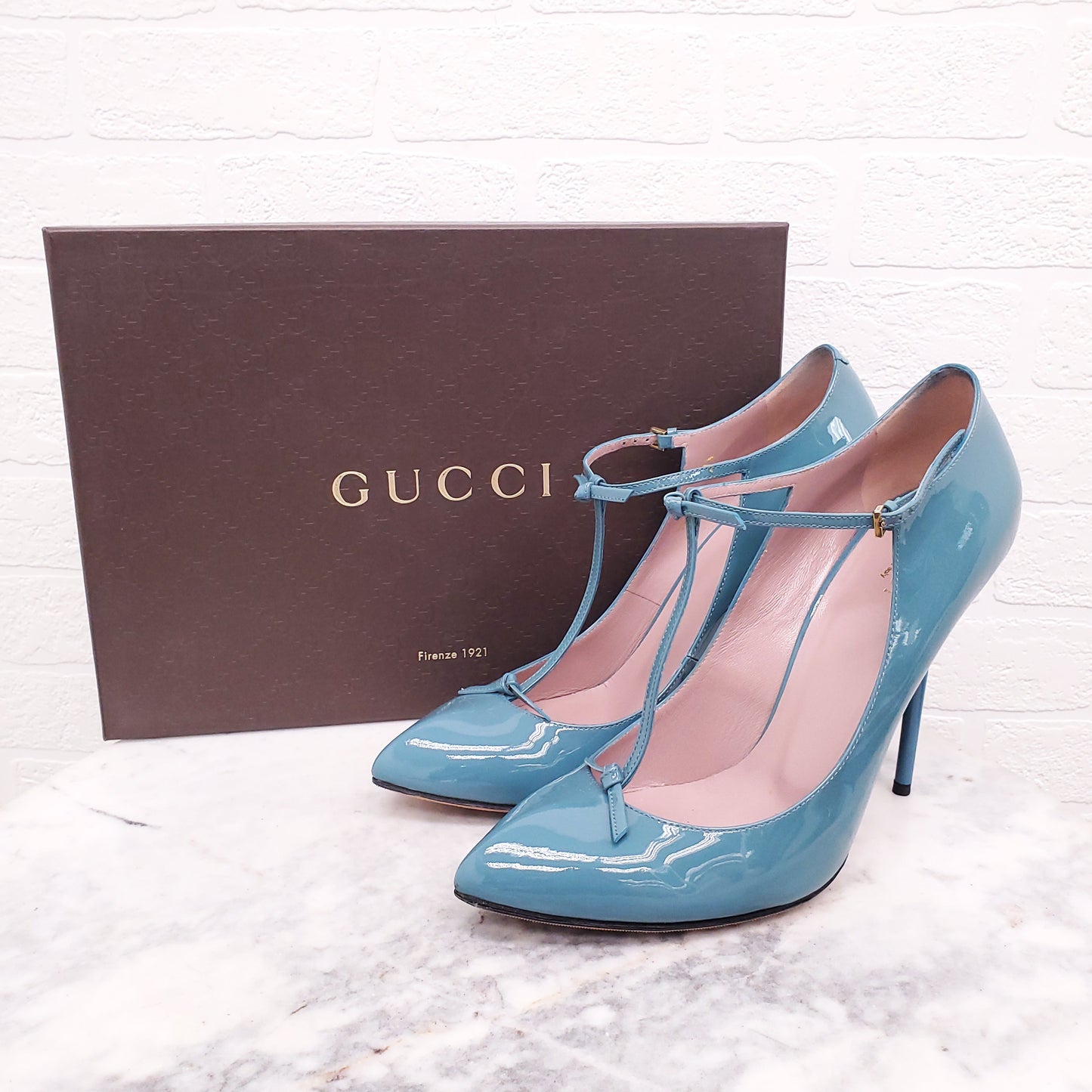 GUCCI PATENT TURQUOISE HEELS WITH BOW - SIZE 41.5