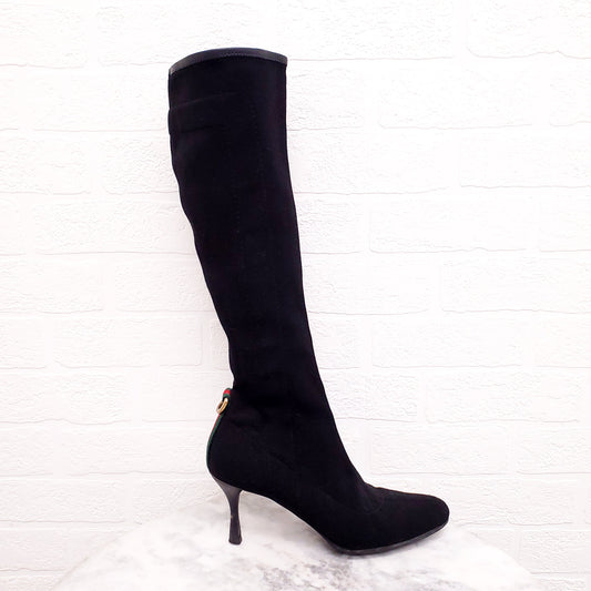 GUCCI VINTAGE BLACK CANVAS BOOTS WITH WEB DETAIL - SIZE 7.5B