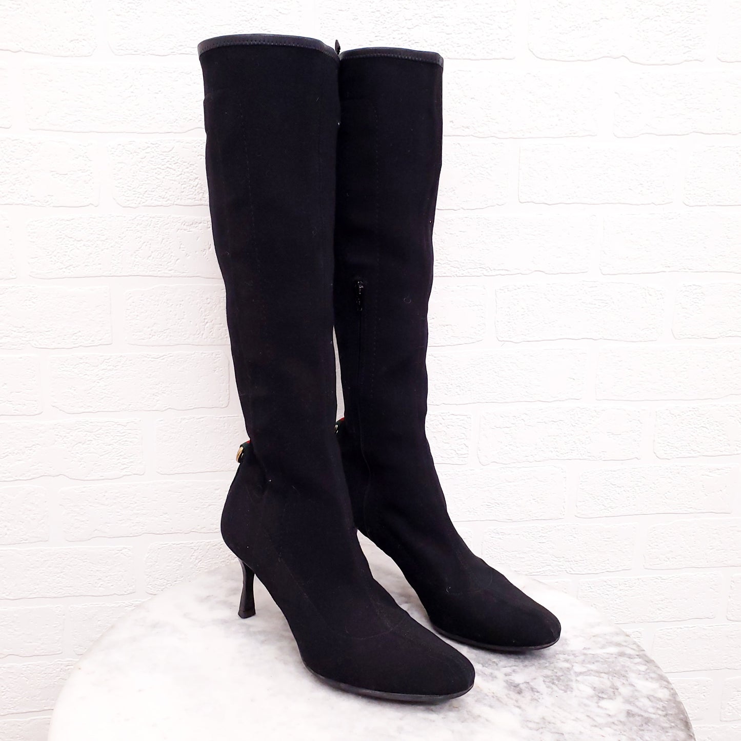 GUCCI VINTAGE BLACK CANVAS BOOTS WITH WEB DETAIL - SIZE 7.5B