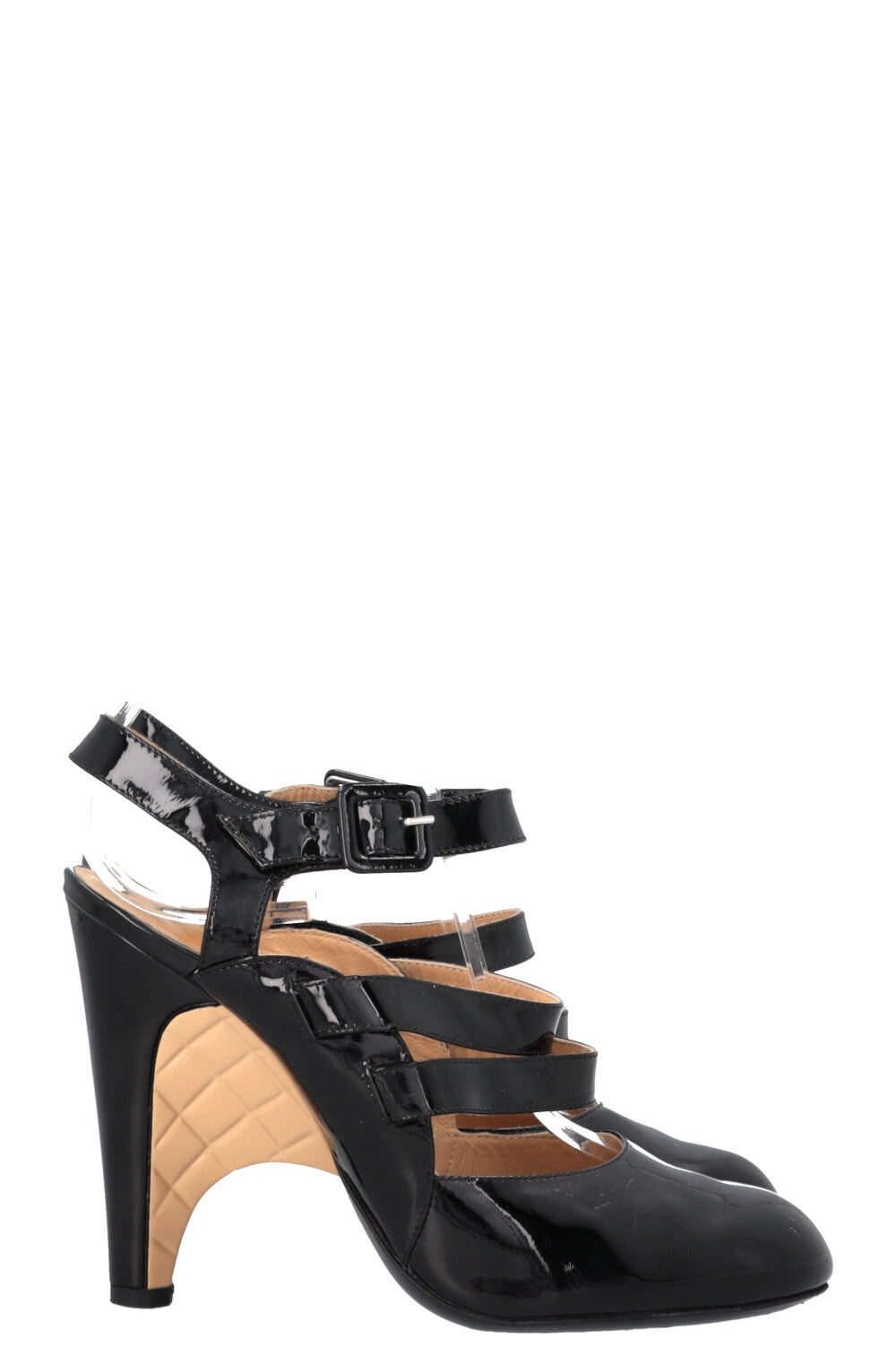 CHANEL Gaiters Heels Patent Black Beige