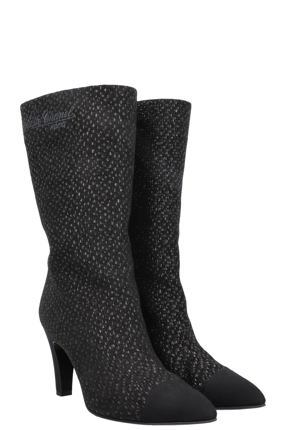 CHANEL Gabrielle High Ankle Boots Glittercanvas Black