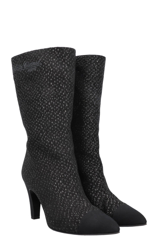 CHANEL Gabrielle High Ankle Boots Glittercanvas Black
