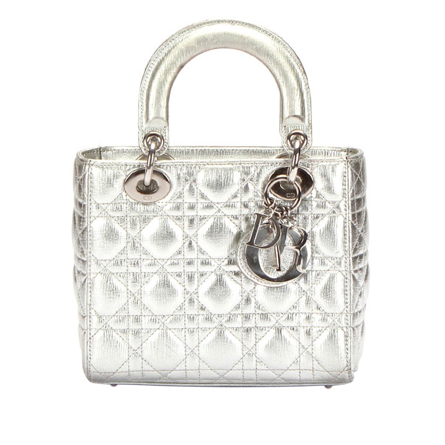 Dior Cannage Lady Dior Metallic Leather Satchel Silver