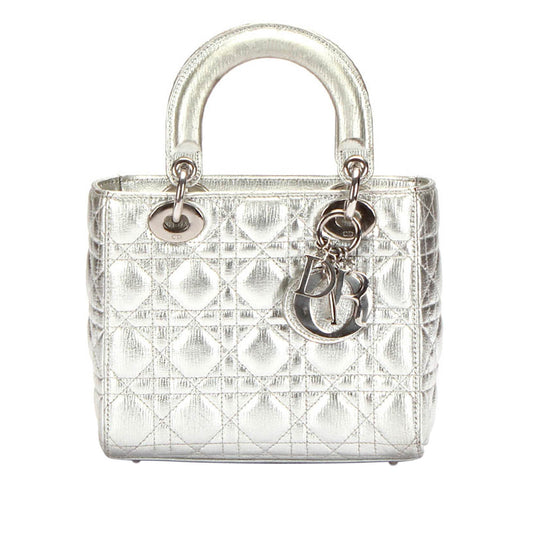 Dior Cannage Lady Dior Metallic Leather Satchel Silver