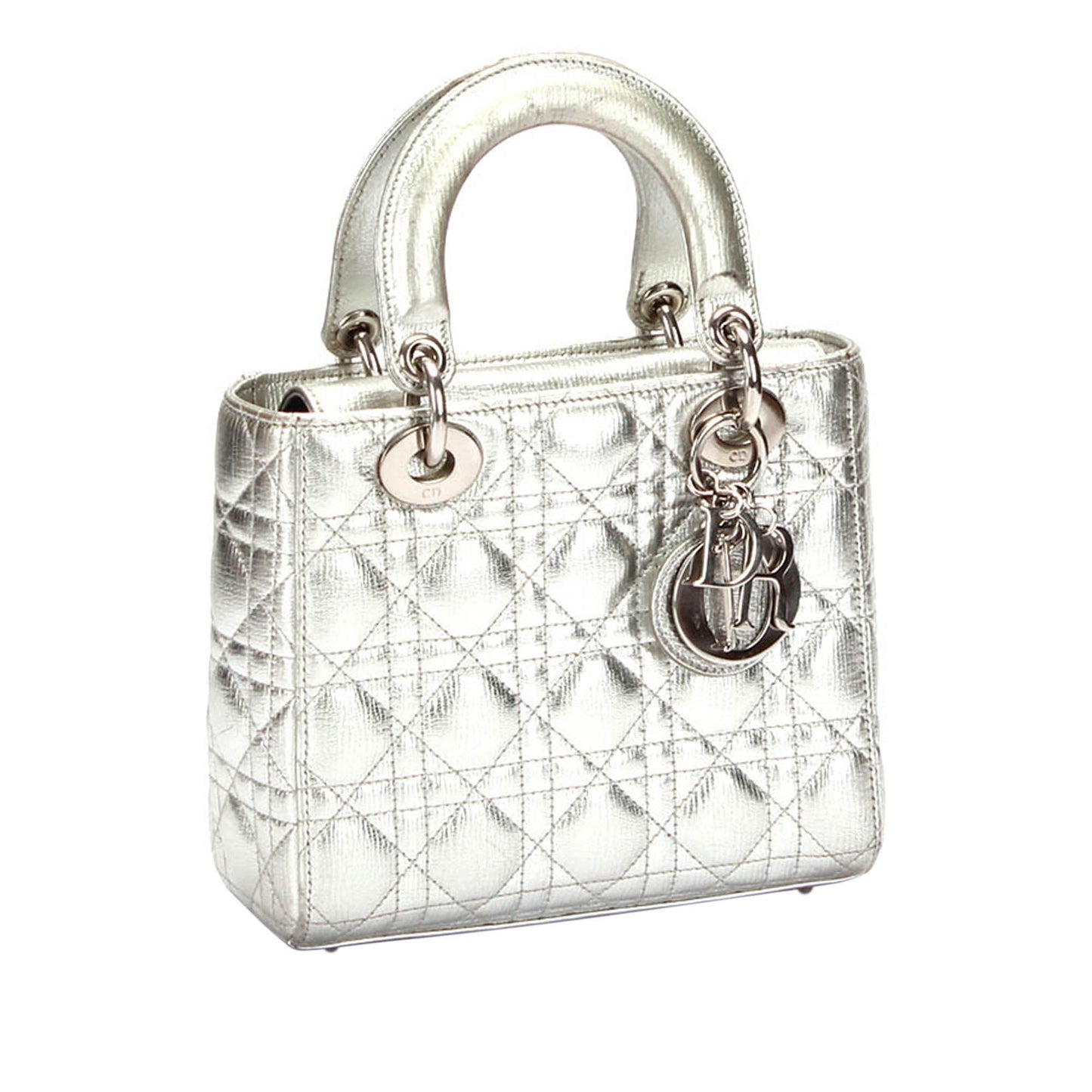 Dior Cannage Lady Dior Metallic Leather Satchel Silver