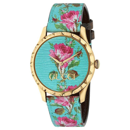 GUCCI G-Timeless Aqua Floral Print Leather Watch