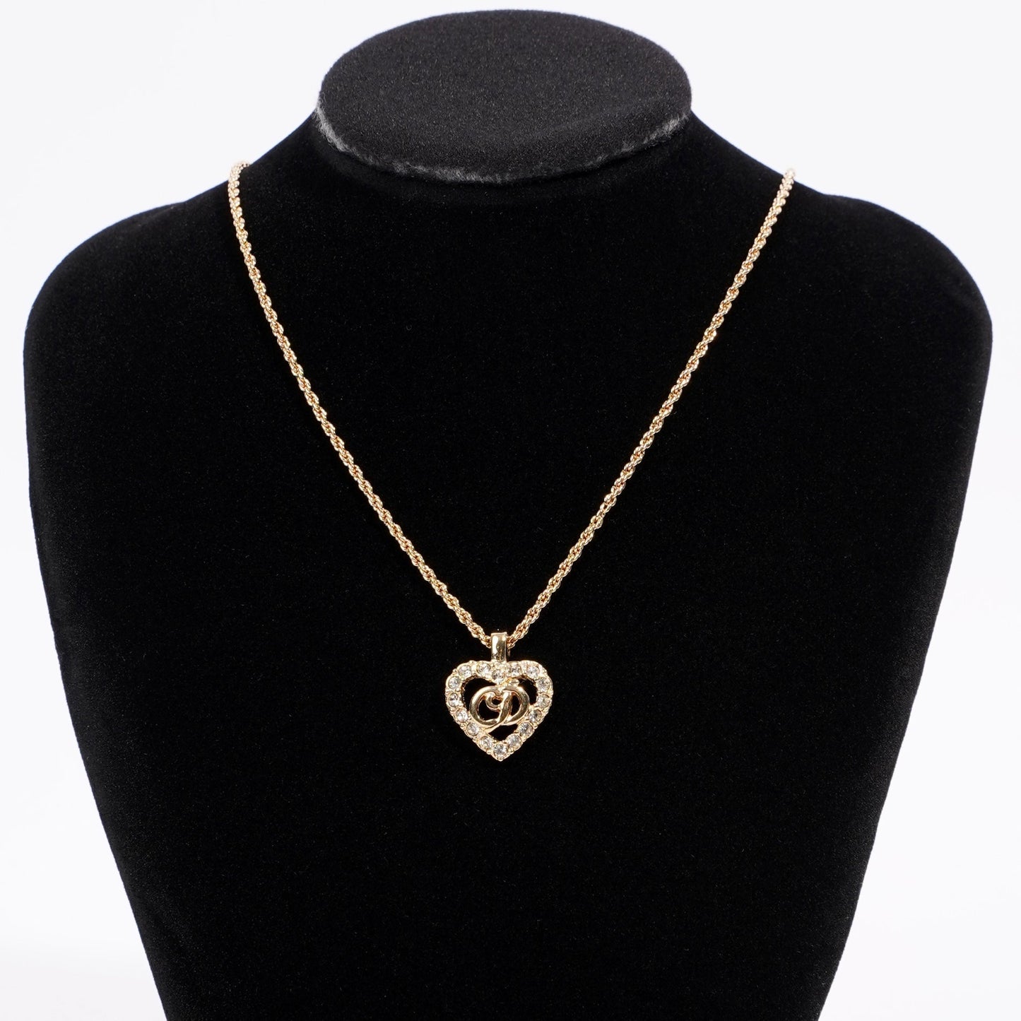 Christian Dior CD Heart Motif Necklace Gold Rhinestone