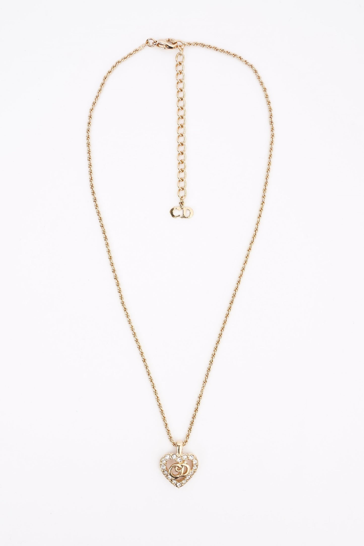 Christian Dior CD Heart Motif Necklace Gold Rhinestone