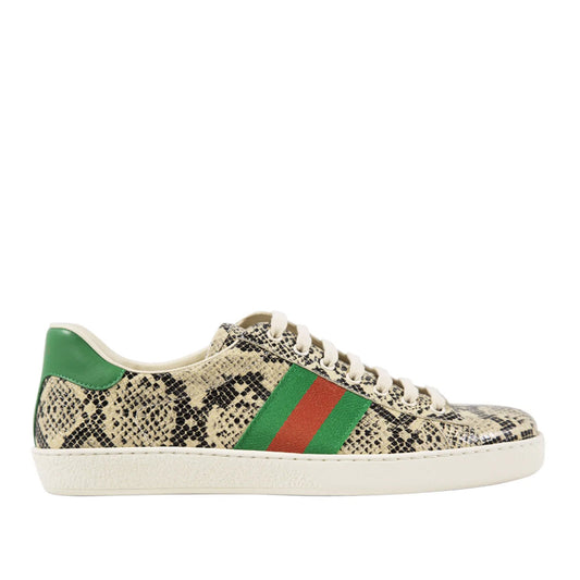 Gucci 386750 19Y30 9771 Men's Shoes Natural, Green & Red Python Print / Cafl-Skin Leather Casual Sneakers (GGM1724)