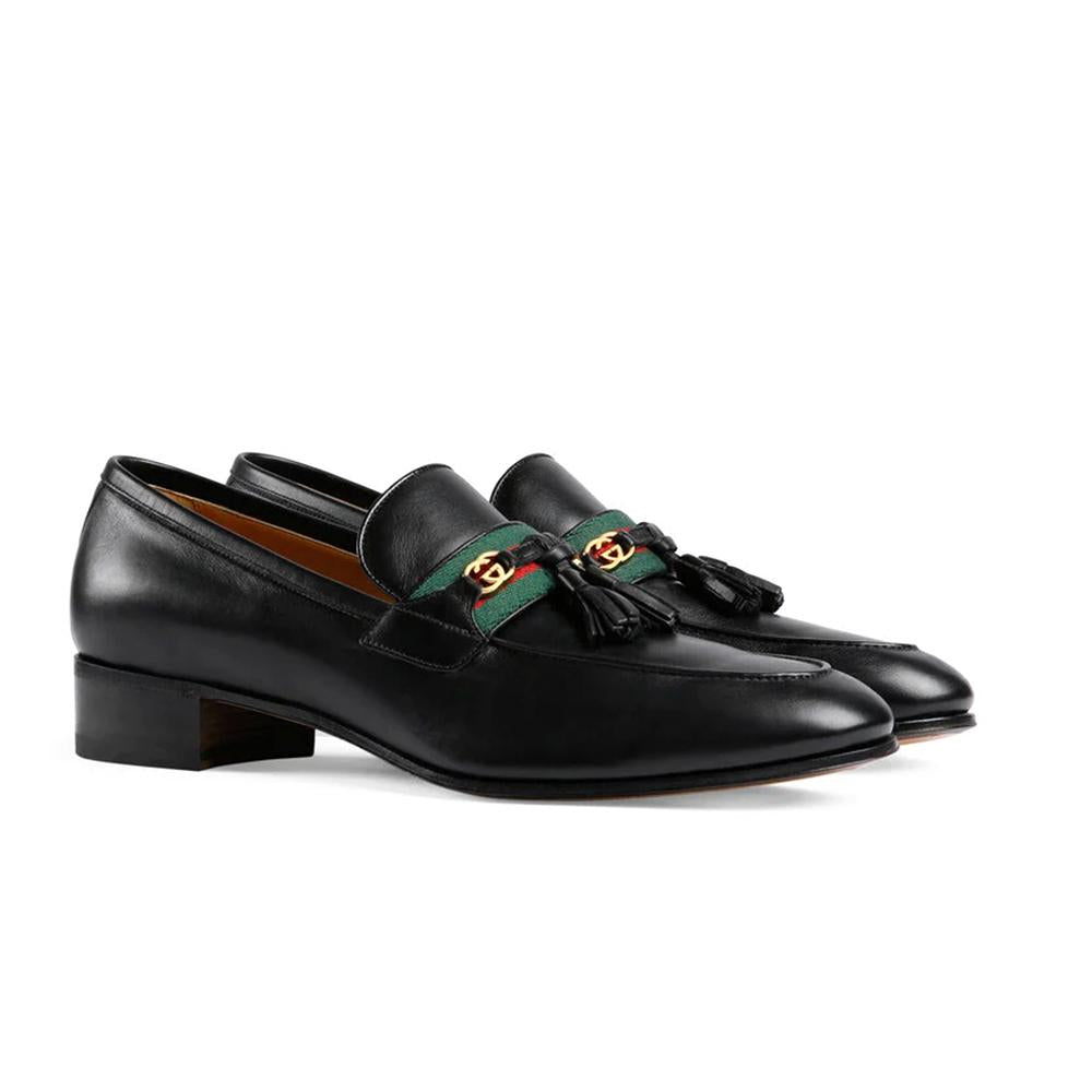 Gucci 624720 1066 Men's Shoes Black Calf-Skin Leather with Web and Interlocking G Tassels Loafers (GGM1721)