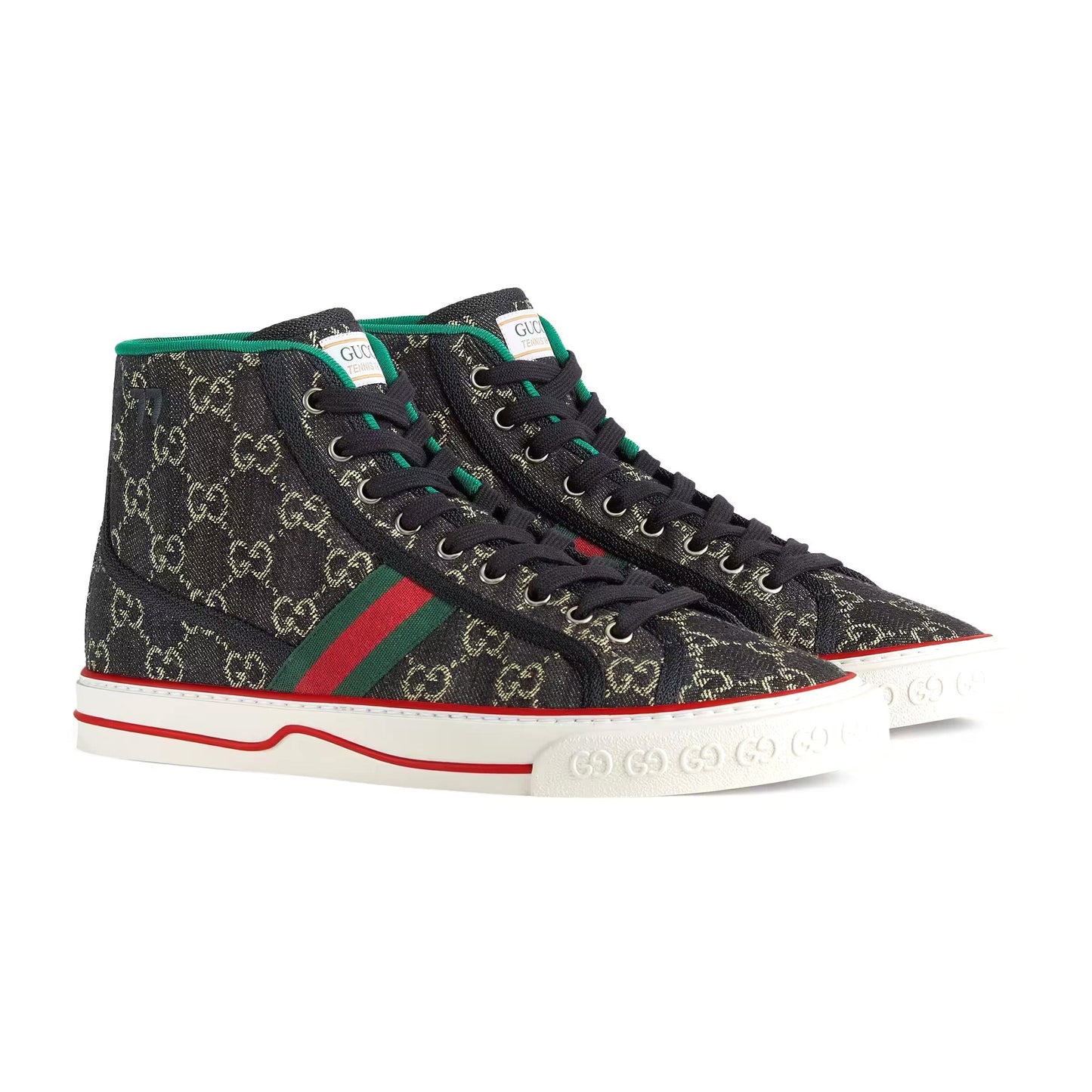 Gucci 625807 UN310 1290 Men's Shoes Black & Ivory Jacquard Denim Tennis 1977 High-Top Sneakers (GGM1735)