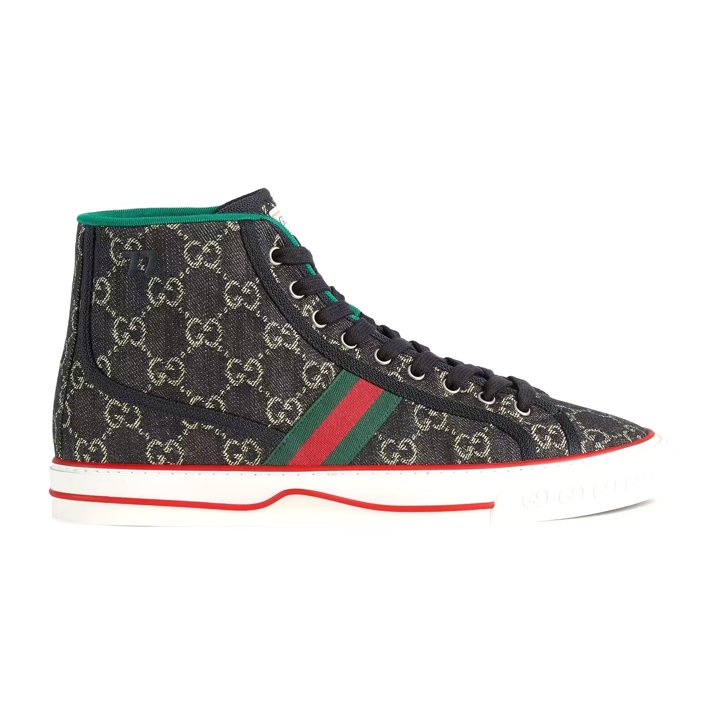 Gucci 625807 UN310 1290 Men's Shoes Black & Ivory Jacquard Denim Tennis 1977 High-Top Sneakers (GGM1735)