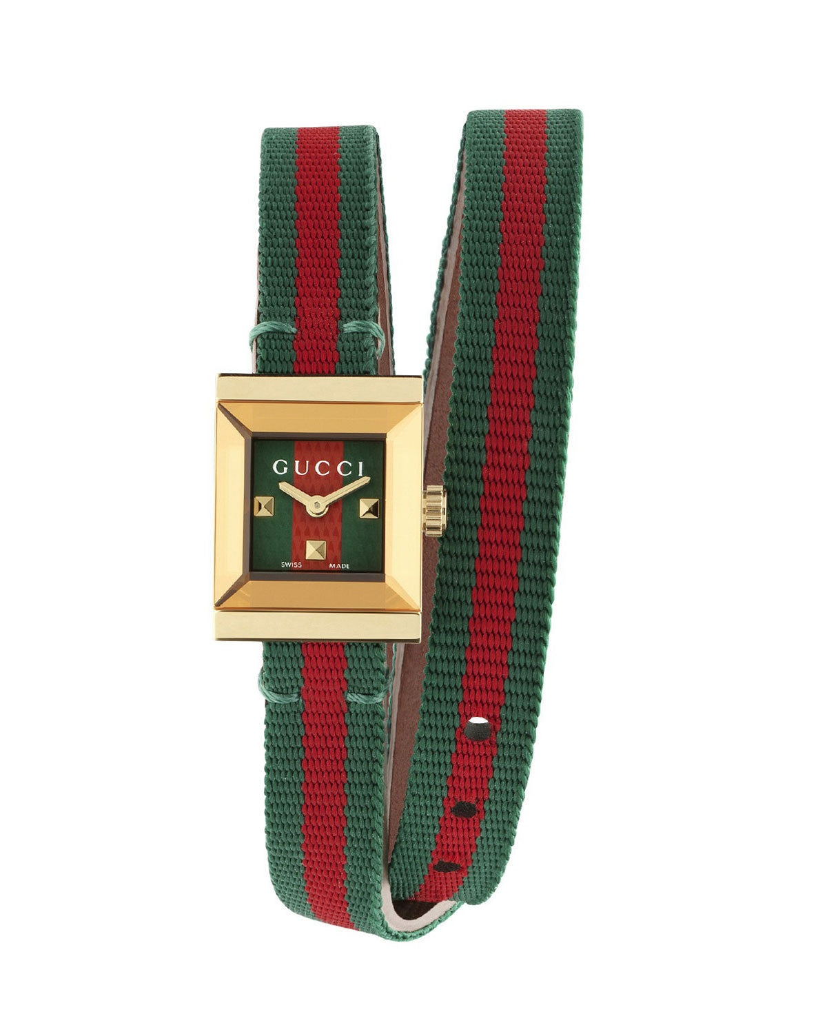 GUCCI Swiss G Frame Green-Red-Green Web Double Wrap Nylon Strap Watch