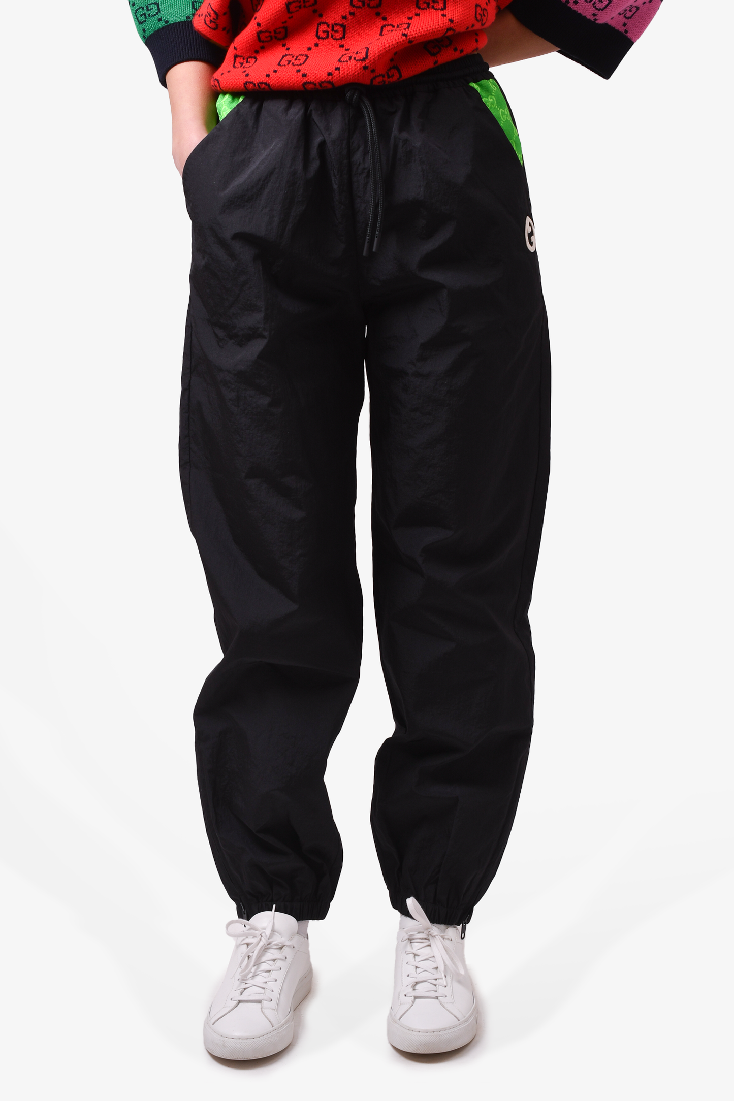 Gucci Black Nylon Jogger Pants with Green GG Patch Size XS