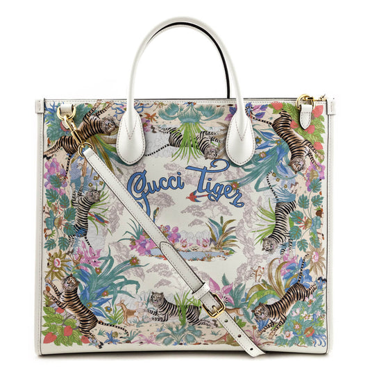 Gucci Off-White Tiger & Flora Print Medium Tote Bag