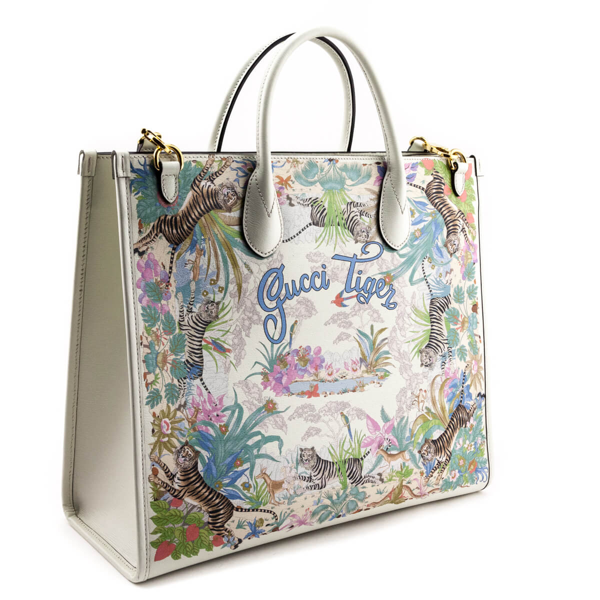 Gucci Off-White Tiger & Flora Print Medium Tote Bag