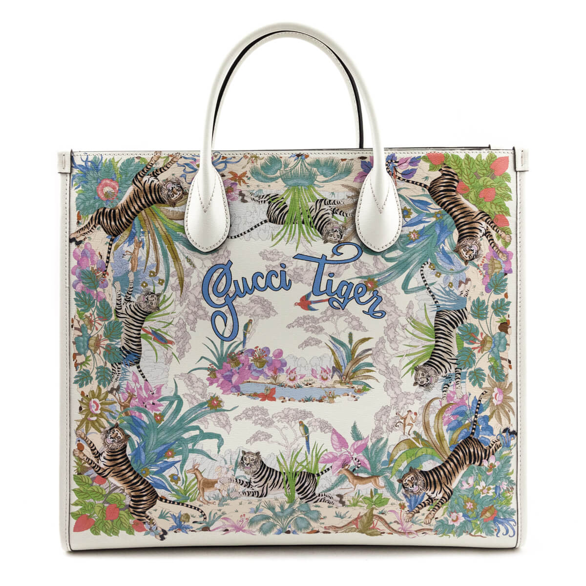 Gucci Off-White Tiger & Flora Print Medium Tote Bag