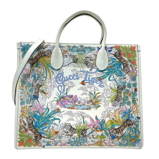 Gucci Tiger Shanghai Savanah Textured White Chalky Multicolor Tote