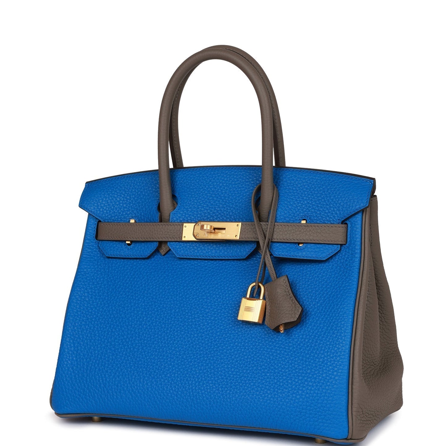 Hermes Special Order (HSS) Birkin 30 Bleu Electric and Etain Clemence Brushed Gold Hardware